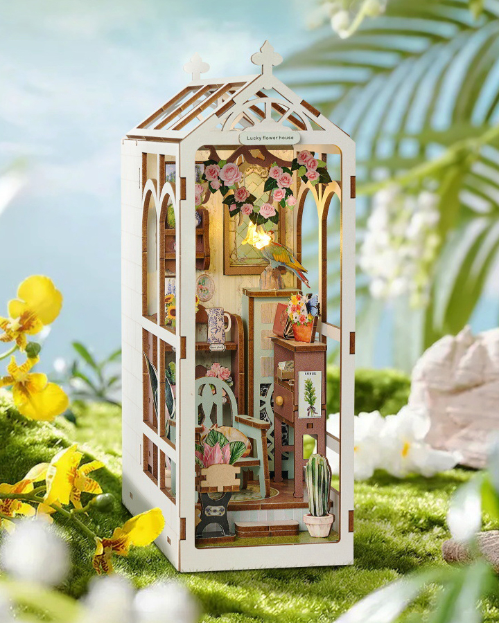 (104-tlg. Set) 24x8cm Holz Bücher Nische Modell Bausatz DIY Miniatur Haus mit Licht Home Deko Buchstütze für Erwachsene - Gartenhaus