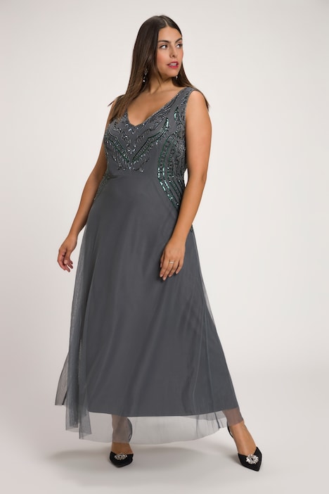 Maxikleid, doppellagig, Perlen, V-Ausschnitt, ärnellos