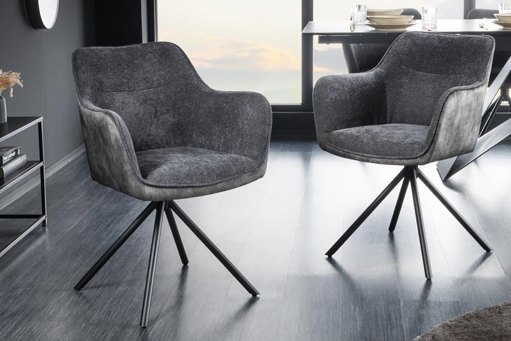 Riess Ambiente Drehbarer Stuhl Verona dunkelgrau Samt Strukturstoff mit Armlehne Metallbeine schwarz Esszimmerstuhl Küchenstuhl