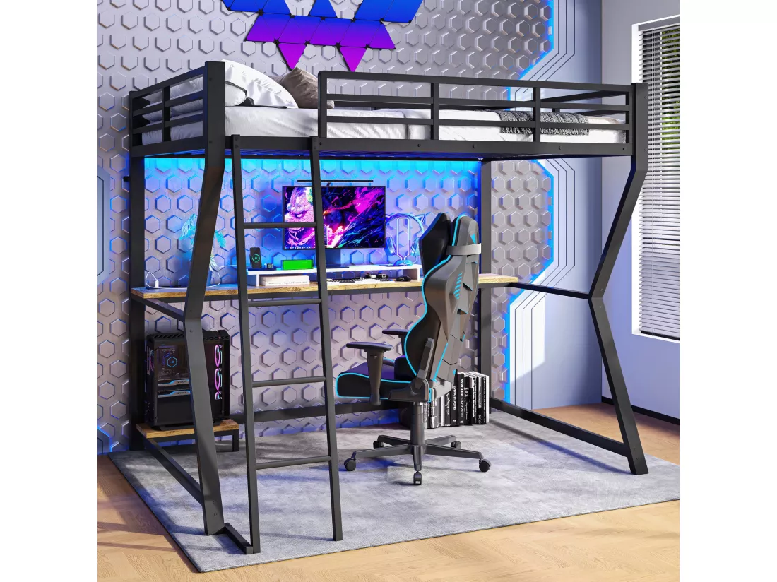 Lit mezzanine 90 x 200 cm avec bureau, prise+USB et étagères - Lumière d'ambiance - Métal - Noir (sans matelas)