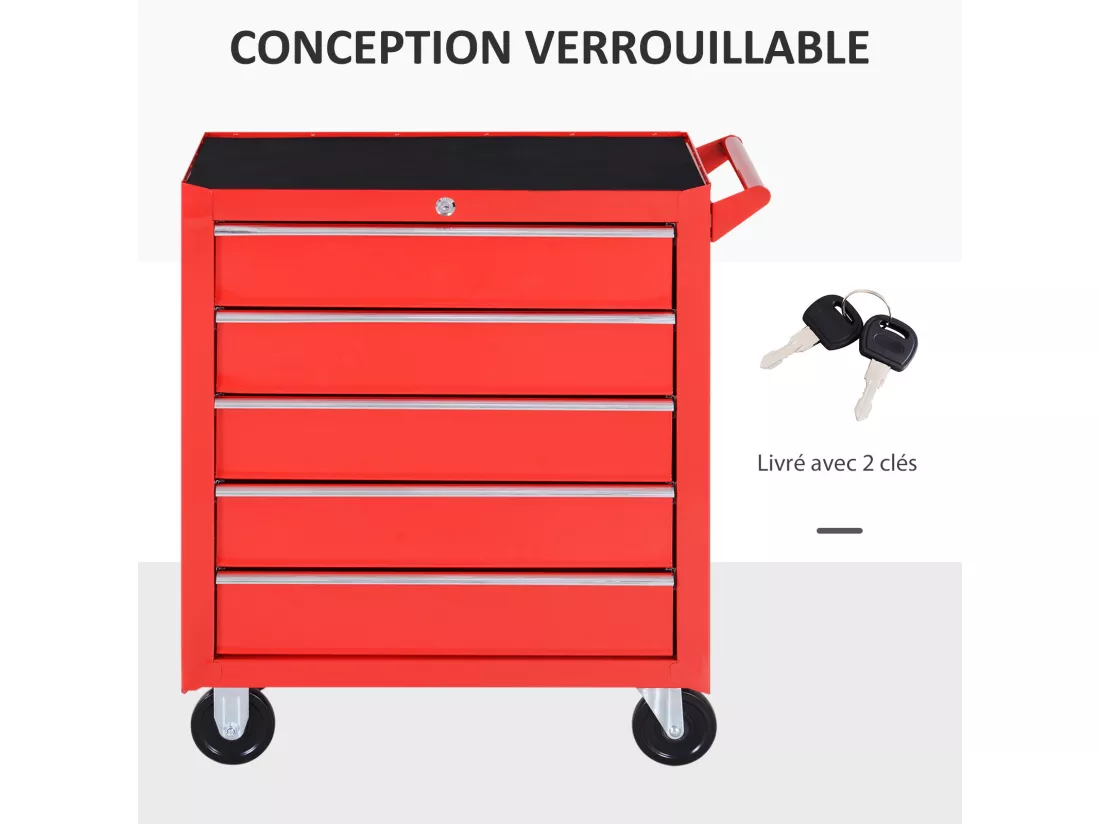 Servante d'atelier 5 tiroirs verrouillables 2 clés tôle d'acier rouge