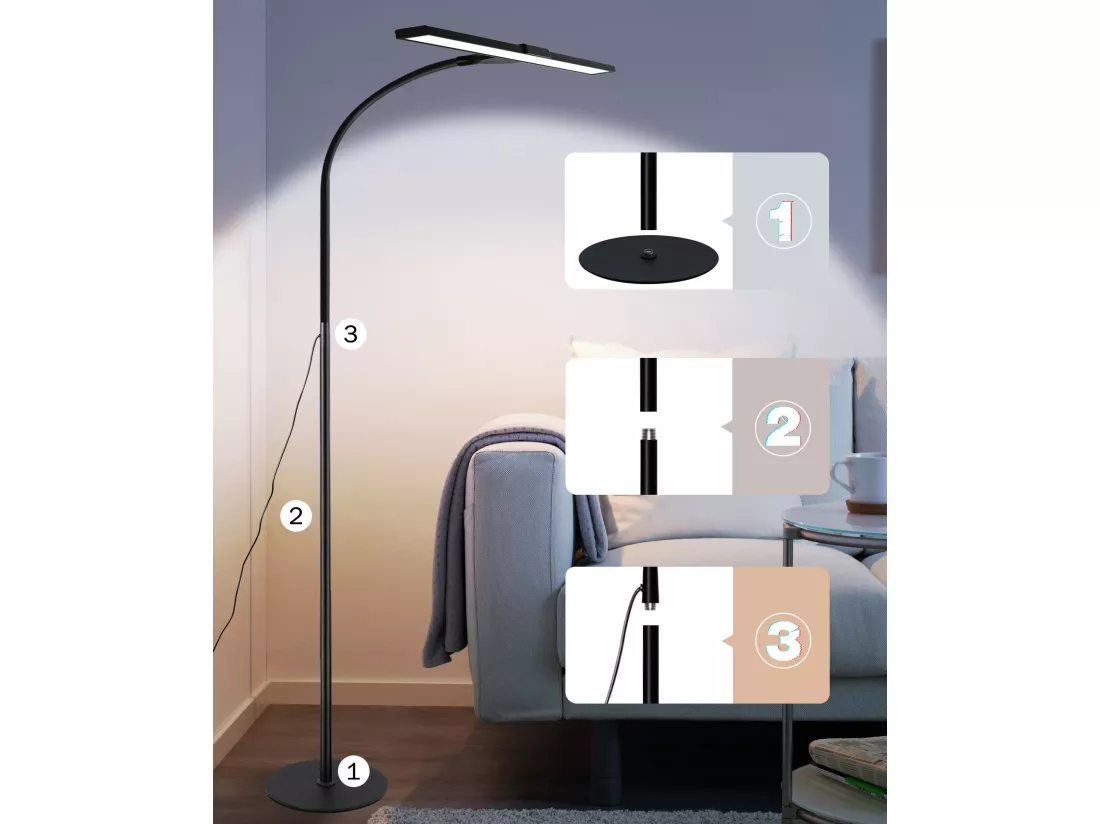 NETTLIFE Lampadaire LED Salon Dimmable Noir de lecture - Moderne Salon 10W Touch Lampe de bureau avec minuterie Lampe de lit Col de cygne réglable