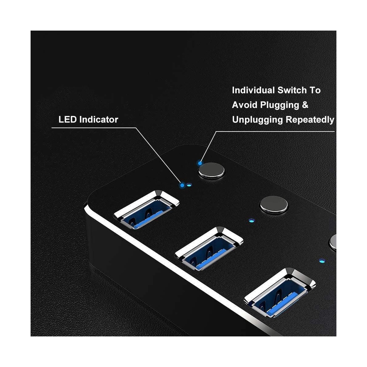 NÖRDIC drevet 4-ports hub USB 3.0 5Gbps med individuell bryter 25 cm kabel aluminium svart med strømforsyning
