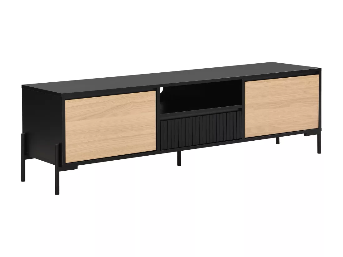 Meuble TV avec 2 portes, 1 tiroir et 1 niche - Noir et naturel clair - GLARODI