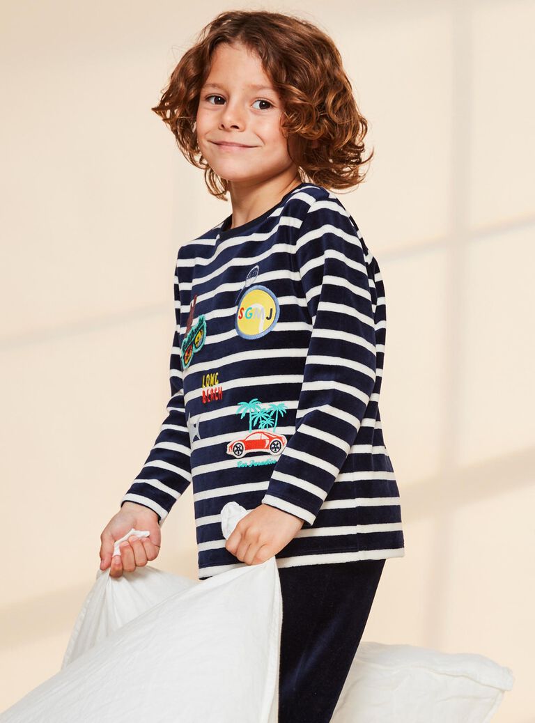 Pyjama en velours bleu marine à rayures écrues