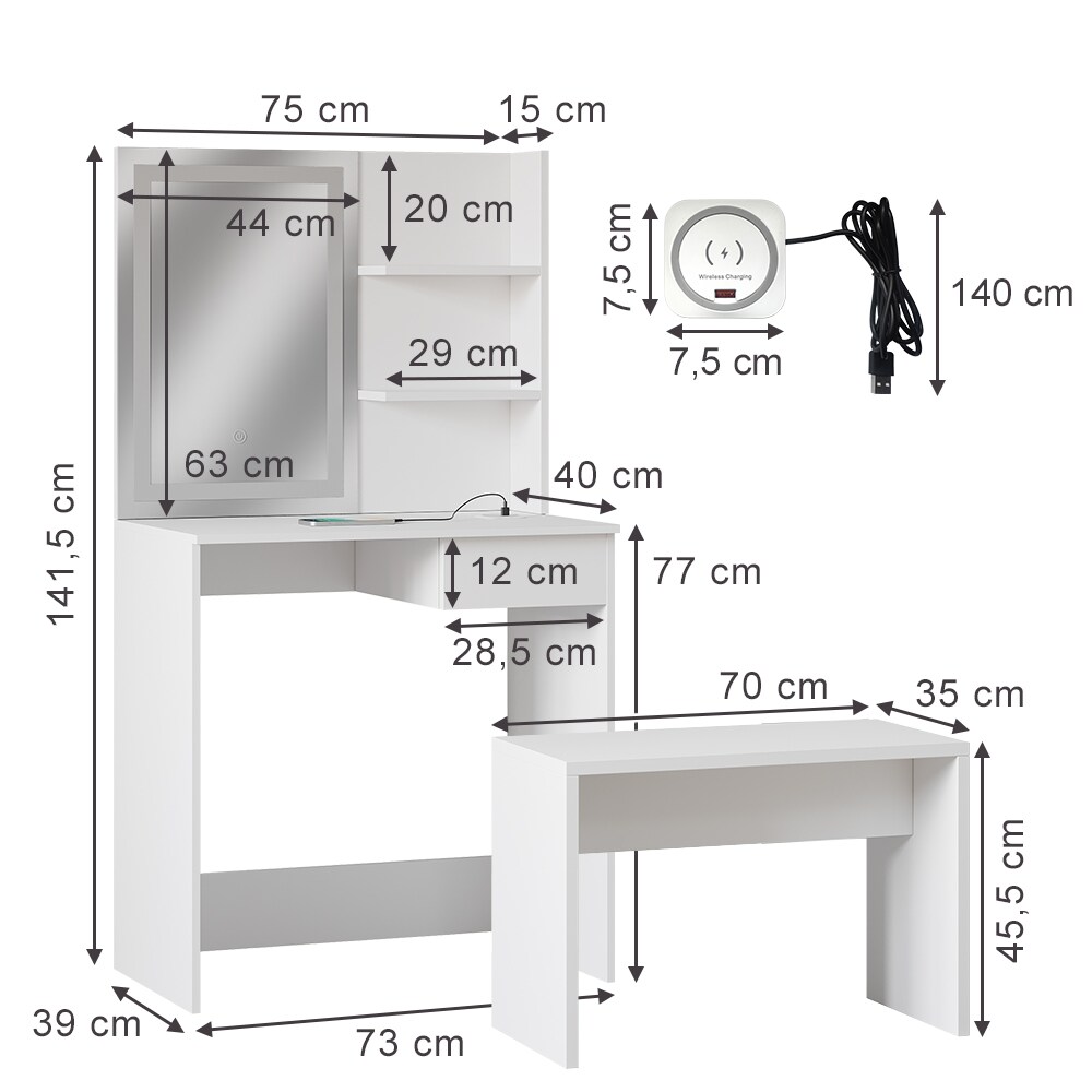 Vicco Schminktisch Dekos Weiß 75 cm mit LED-Spiegel QI-Ladestation und Bank