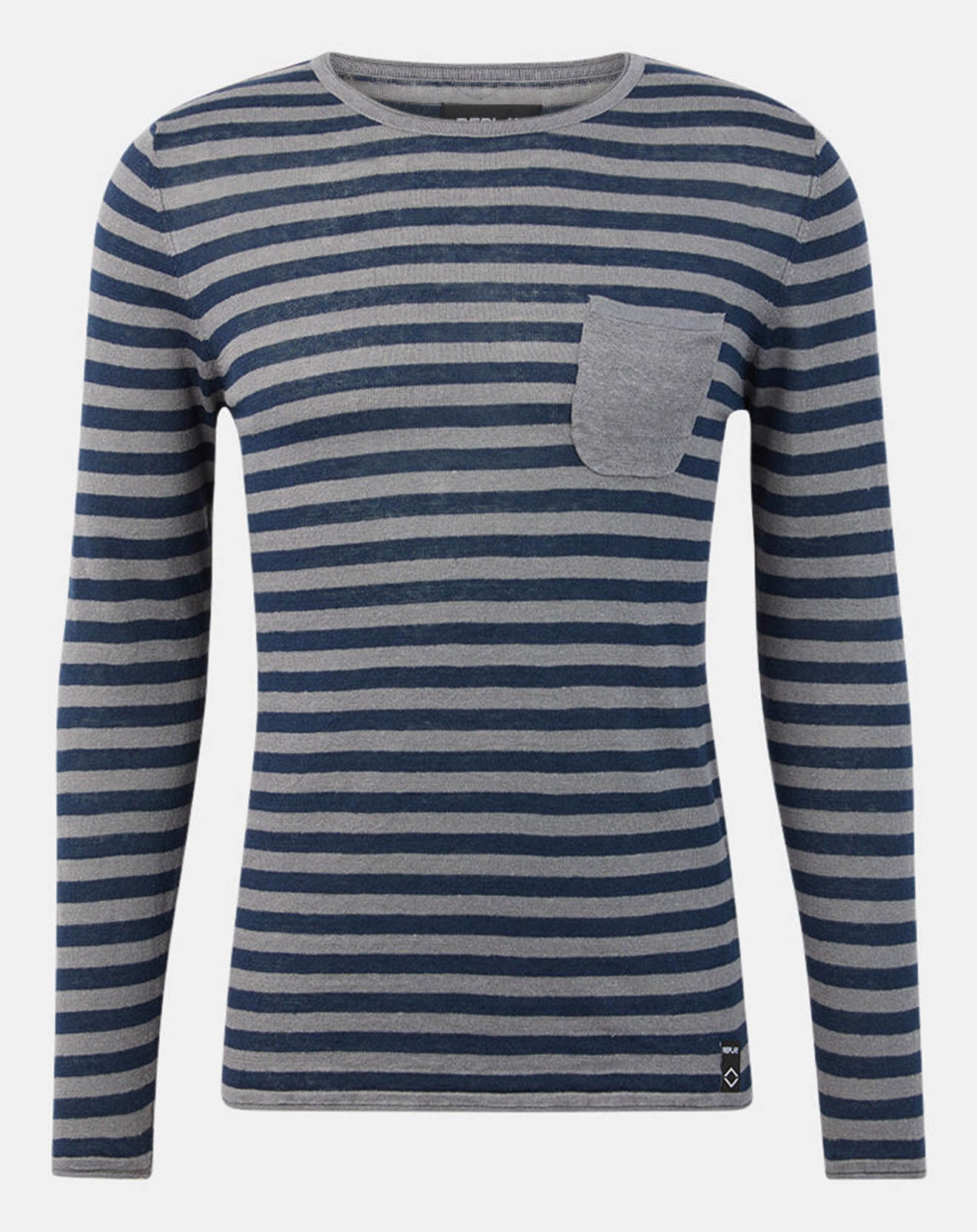 Replay Pull 100% Lin pocket à rayures bleu/gris