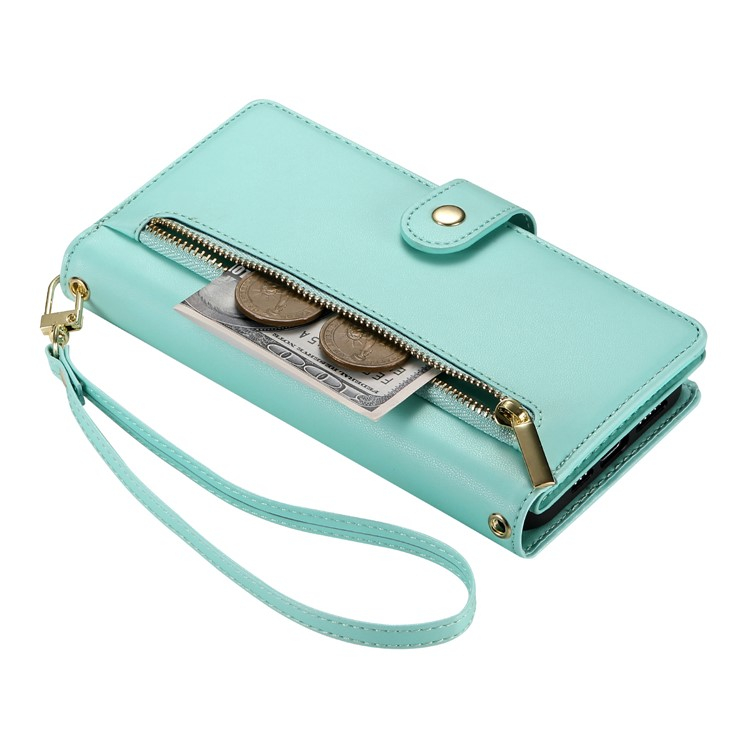 iPhone 16e Leder Tasche Flip Cover mit Reissverschluss   Handschalufe - Türkis