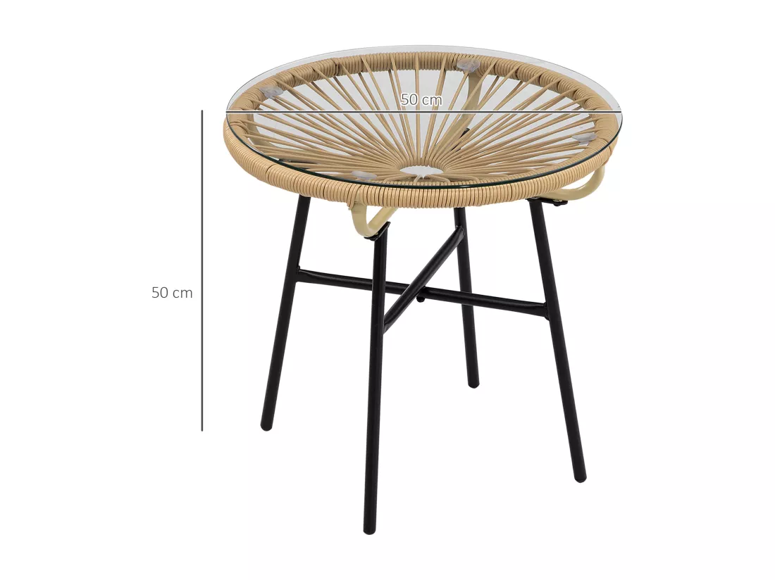 Table basse ronde de jardin en résine aspect rotin métal et plateau verre trempé Ø 50 x 50H cm beige