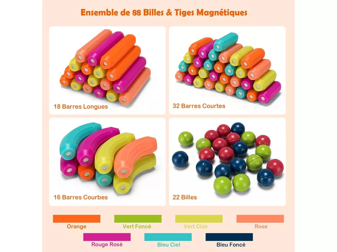 88 Pcs bloc de construction magnétique, jouet educatif et créatif puzzle colorés pour 3 ans+