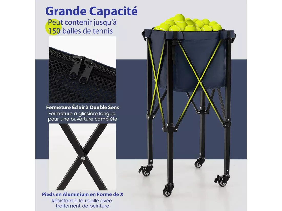 Chariot de Balle de Tennis Pliable avec Sac de Transport, Panier à Balles de Tennis en Aluminium Contient 150 Balles de Tennis avec 2 Roues de Frein Poches Latérales, Bleu