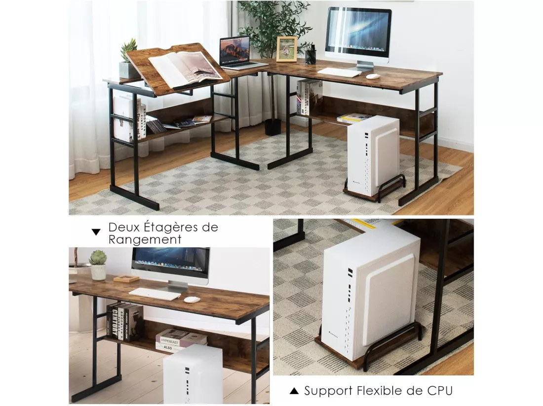 Bureau d'Ordinateur d'angle 170 x 150 cm, Table de Bureau avec Plateau Inclinable, Étagère Inférieure, Support UC, Poste de Travail pour Bureau, Studio (Marron)