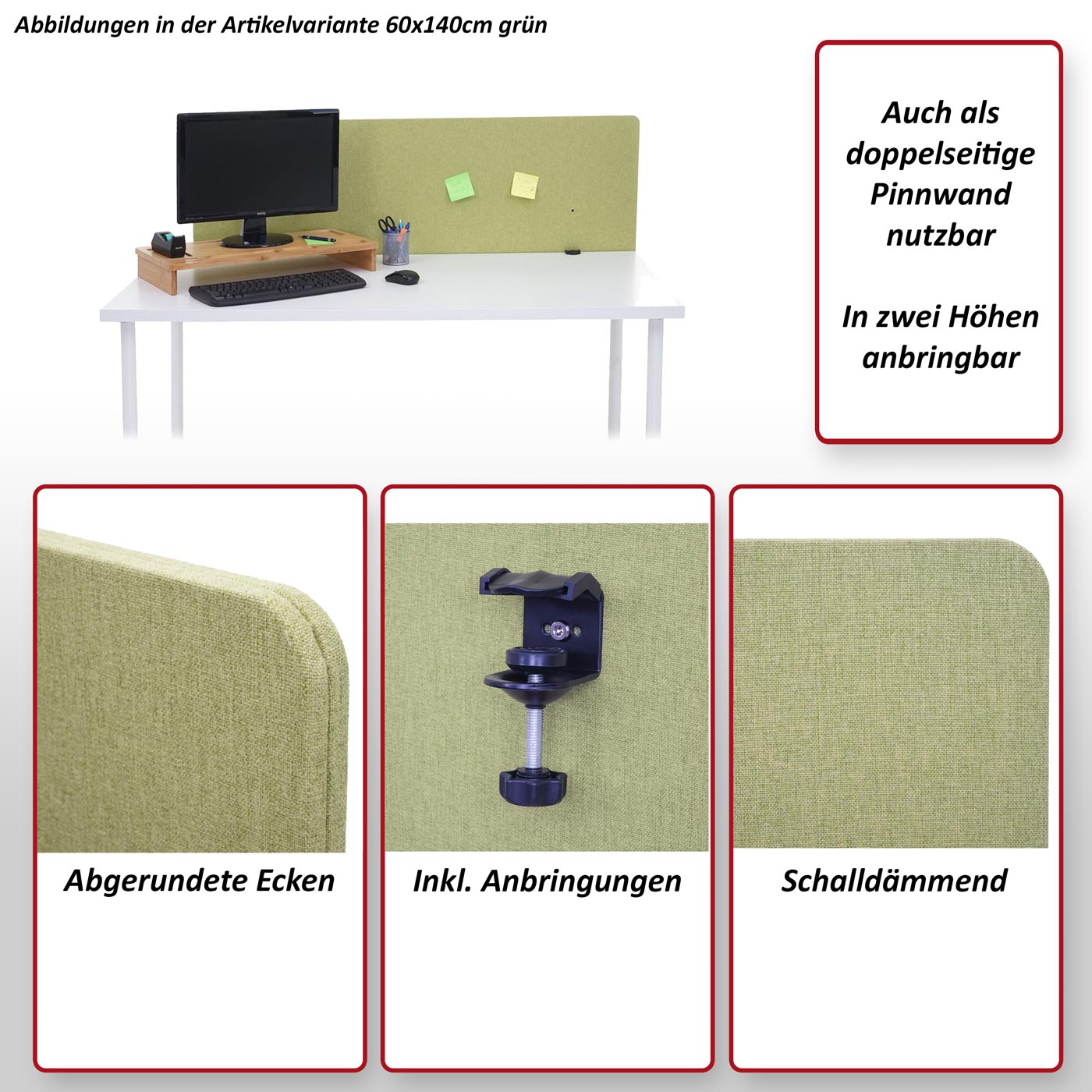 Akustik-Tischtrennwand MCW-G75, Büro-Sichtschutz Schreibtisch Pinnwand, doppelwandig Stoff/Textil ~ 60x140cm grün