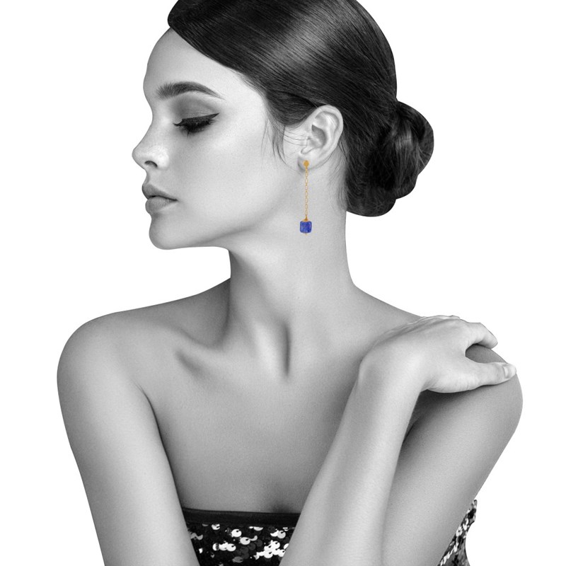 Boucles d'Oreilles Chainette Laiton Doré et Cube en Céramique