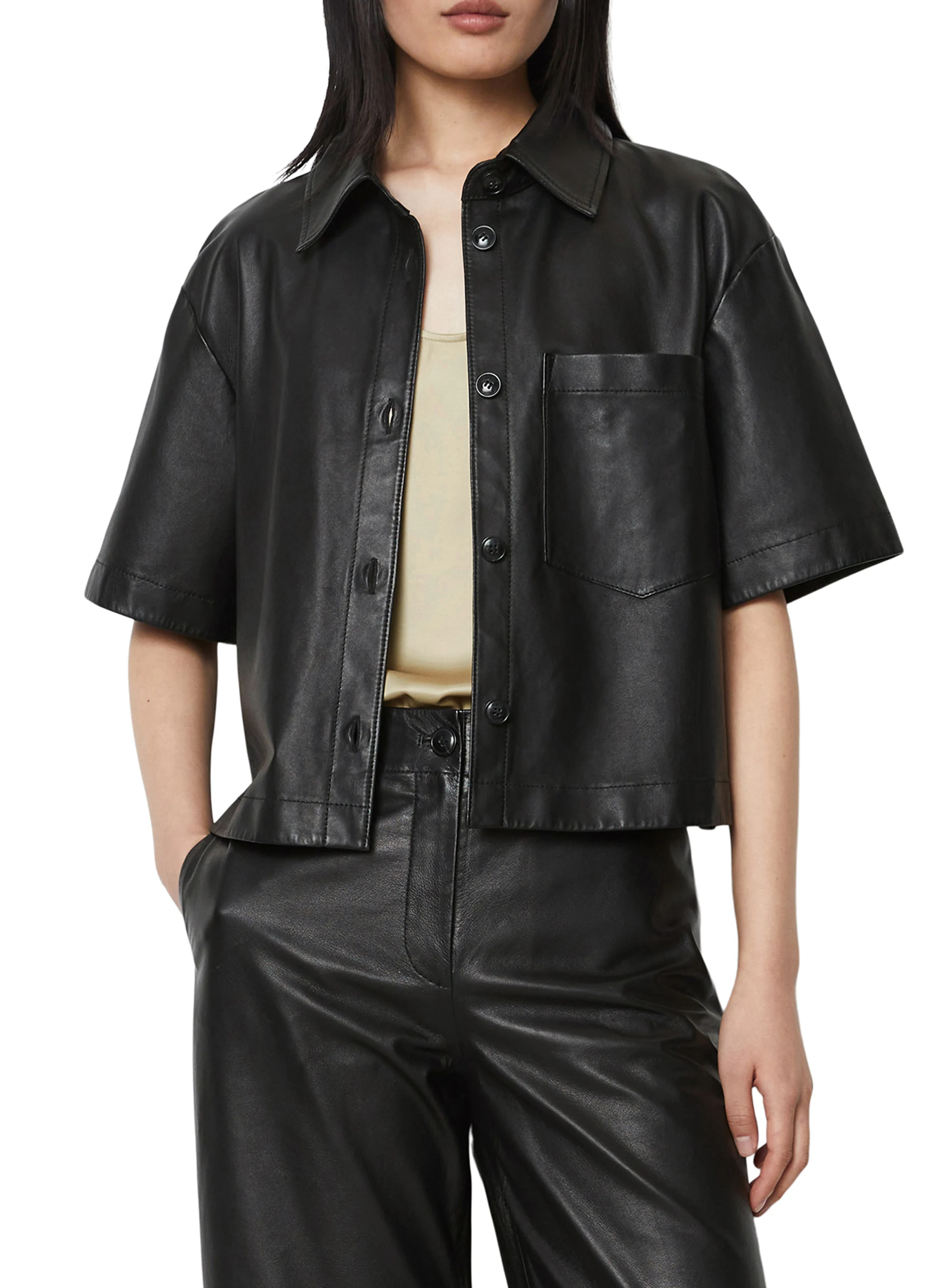 Chemise col classique en cuir | Noir