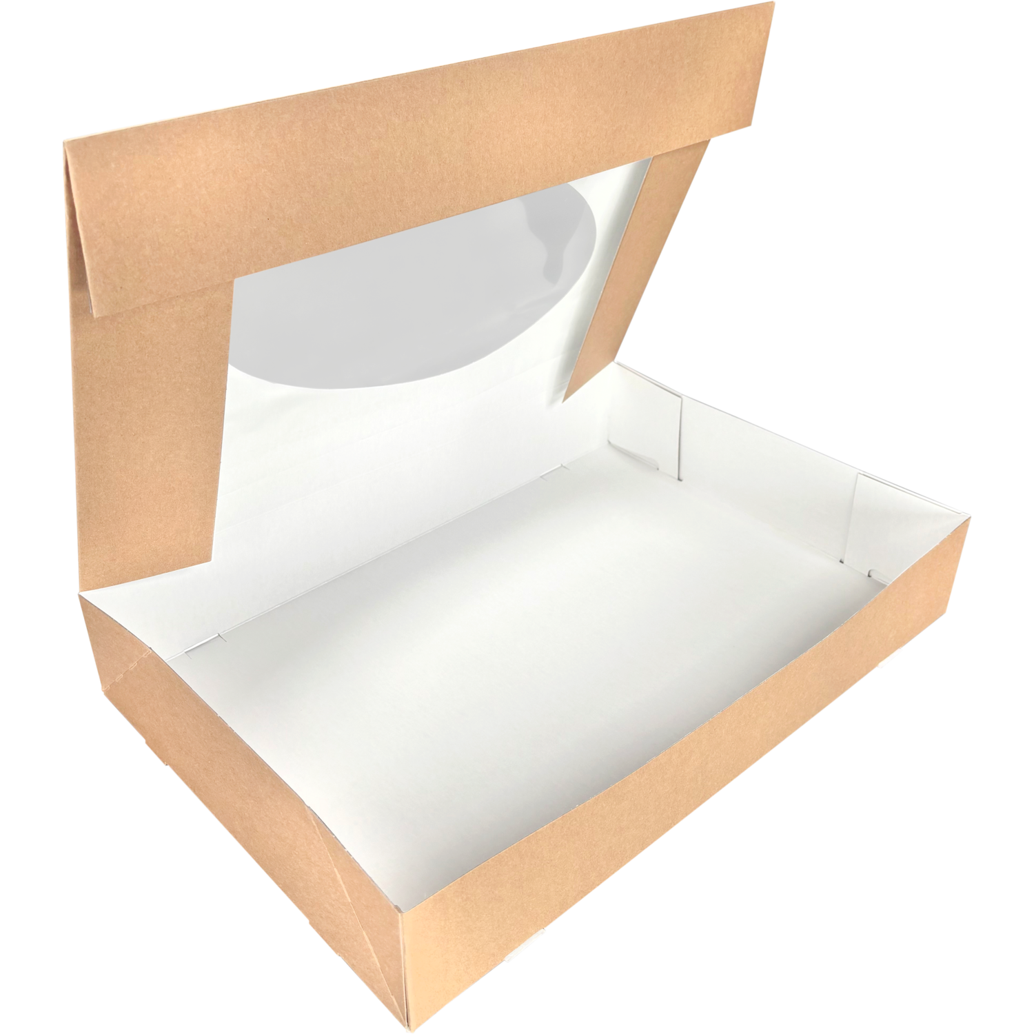 Cateringdoos, karton + PET, 460x310x80mm, met venster, bruin/wit