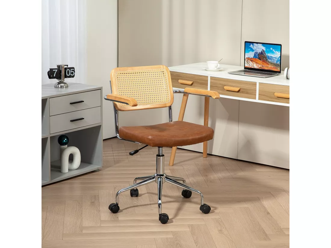 Chaise de bureau style vintage - réglable, pivotante - acier chromé bois aspect rotin assise effet capitonné