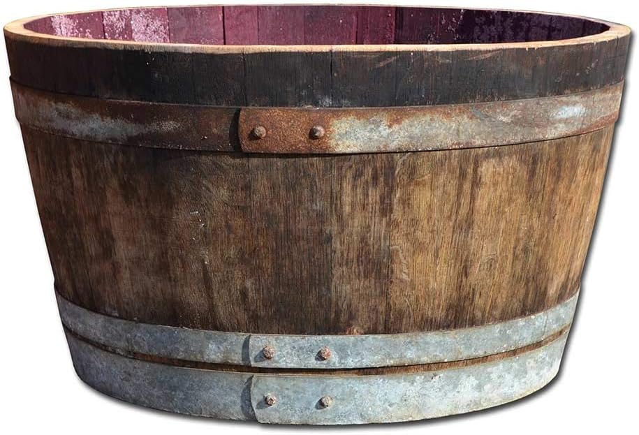 Temesso Holzfass, Weinfass halbiert aus Eichenholz in rustikaler Optik als Pflanzkübel oder Miniteich