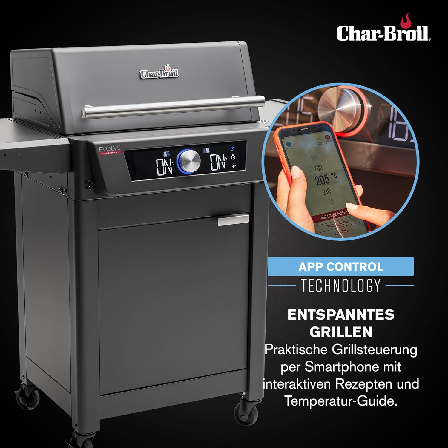 Char-Broil Elektrogrill Evolve Electric, E-Power Grillen, 90°C-370°C, App Control, Reinigungsfunktion, Kerntemperaturfühler, digitales Display - Ideal für draußen, Balkon, Garten