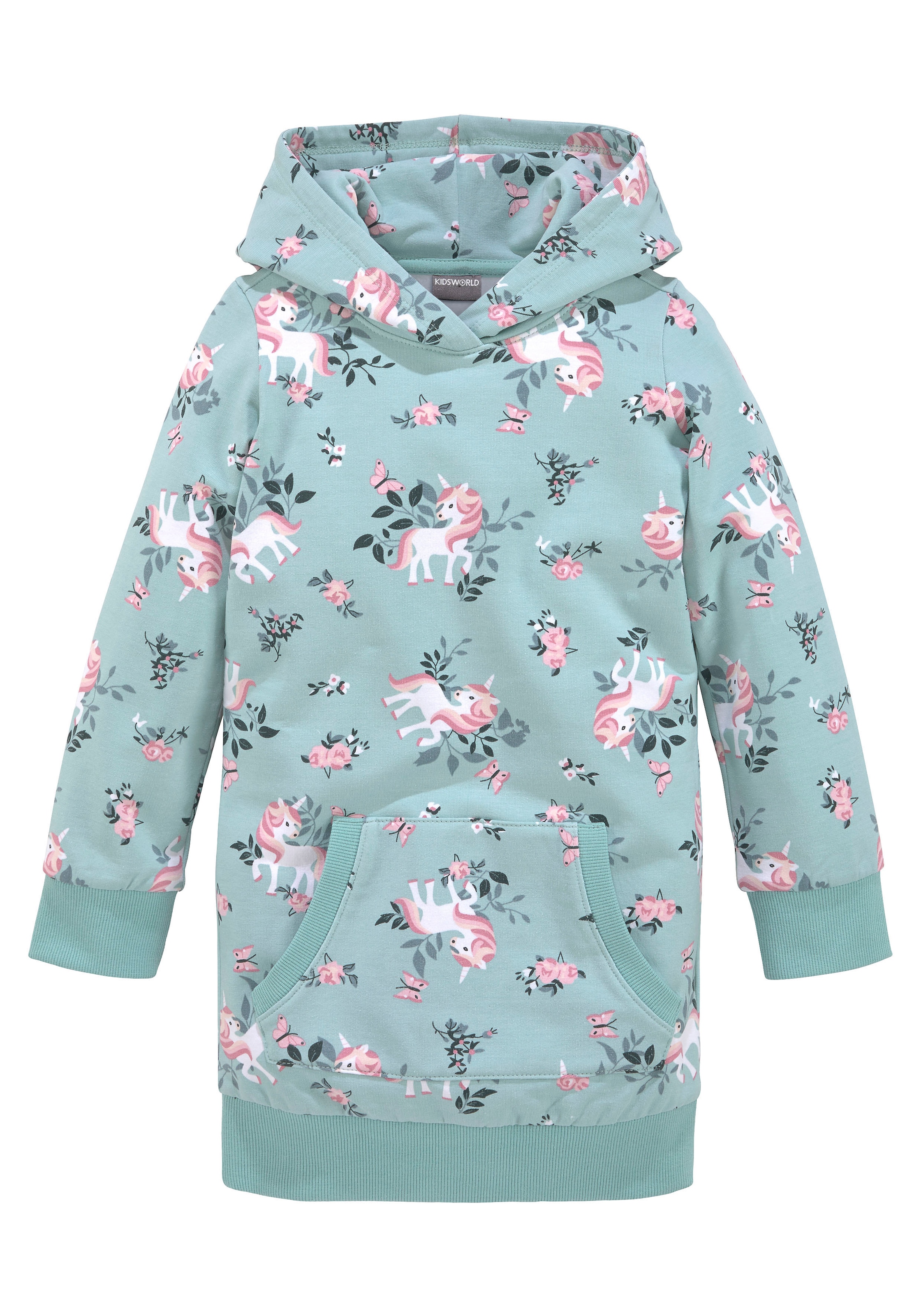 KIDSWORLD Sweatkleid »Einhorn« Kängurutasche bis Mitte des Oberschenkels,  mädchenhafter Style