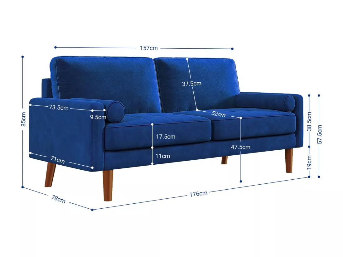 Canapé droit en Velours bleu et bois massif - 3 places - charge max 300kg - 176x78x85cm