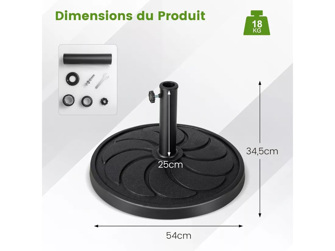 Pied de Parasol Déporté φ54CM 18KG, Base de Parasol en Résine pour Parasol 38/48 mm, Tuyau en Métal, Lestage de Parasol pour Balcon, Jardin, Patio, Terrasse, Piscine