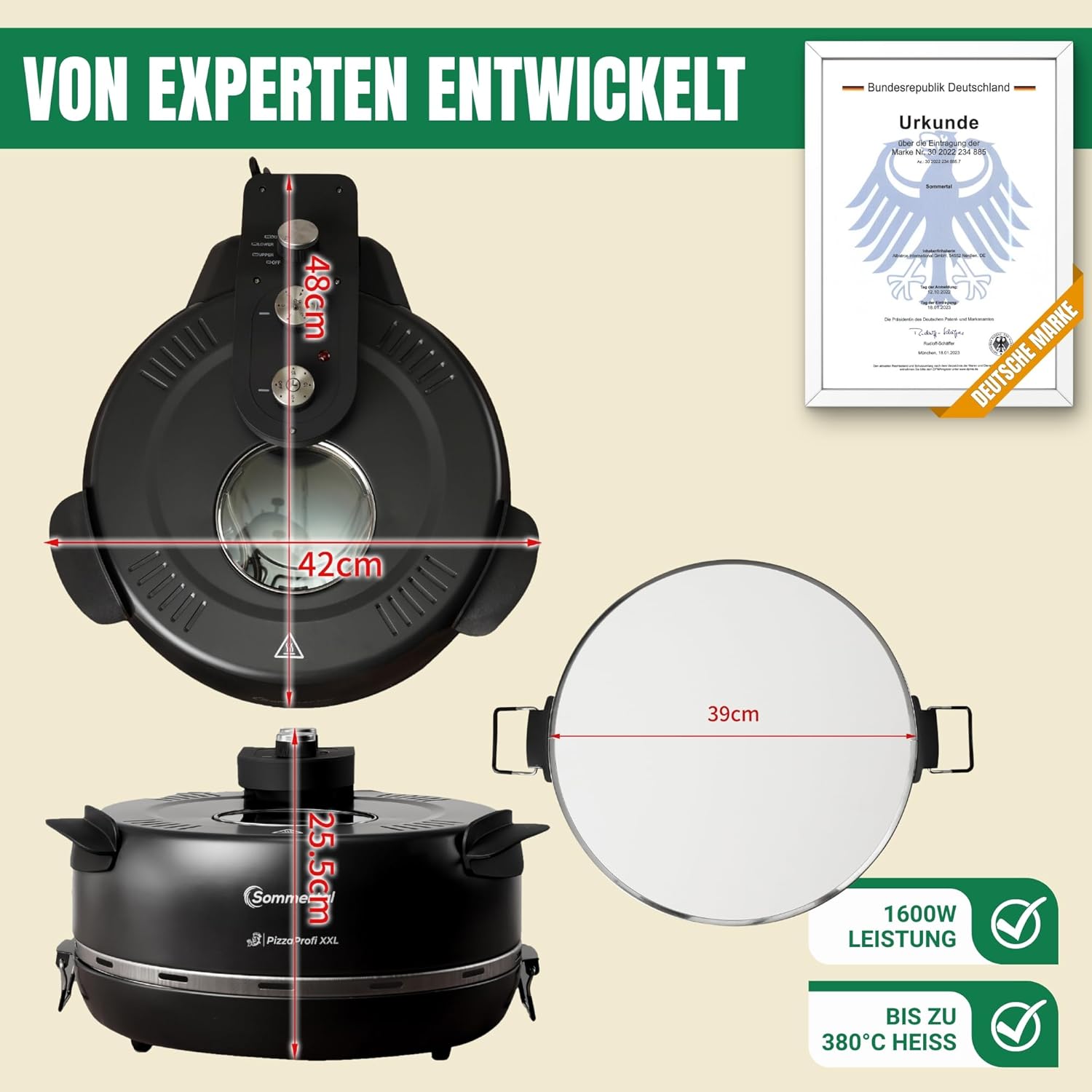 PizzaProfi XXL Pizzaofen mit 39cm Steinplatte – Pizza Ofen elektrisch, schnelle 3-Minuten Pizza, bis 380°C – 5-teiliges Set mit Pfanneneinsatz, 2x Pizzaschieber, Schneider, Pizzastein
