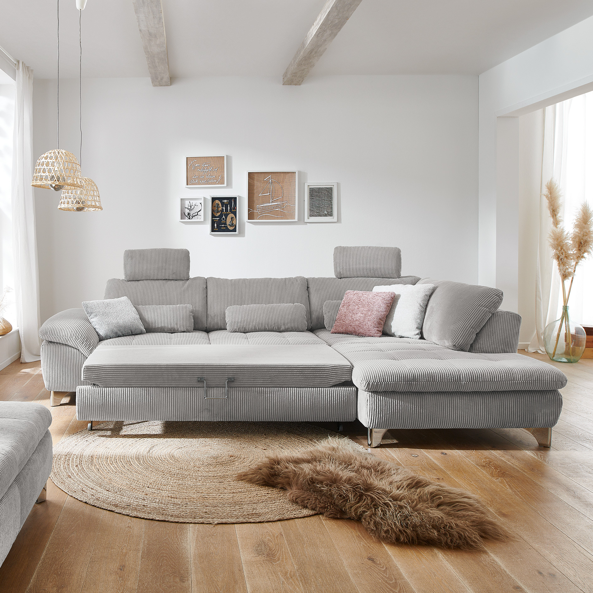 polsterpower Ecksofa - grey - mit Funktionen -Anstellhocker rechts