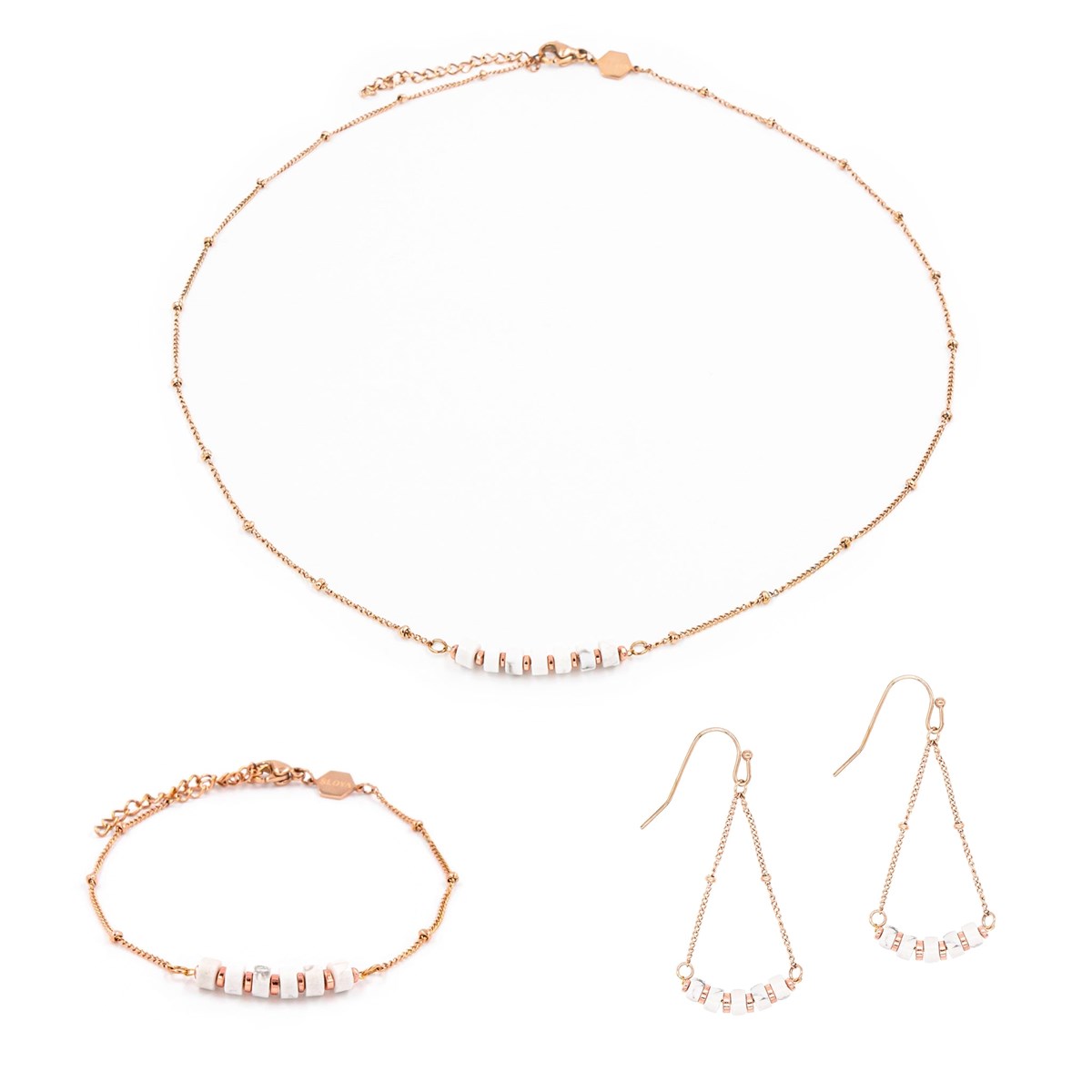 Collier, bracelet et boucles d'oreilles Piana en pierres Howlite