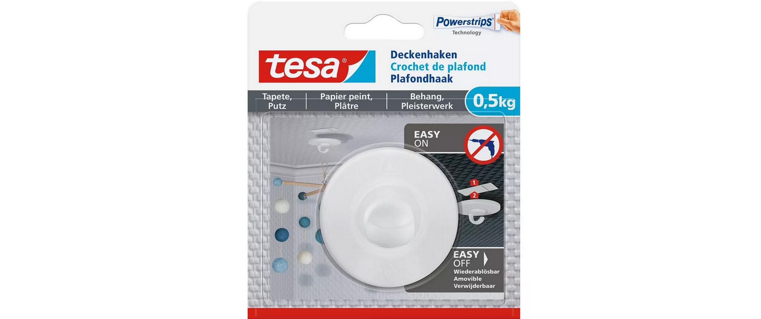 Deckenhaken -Set 0.5 kg für Tapeten & Putz, 3er PackSelbstklebendes Haken zur Befestigung von Deko-Objekten an der Decke ohne Bohren