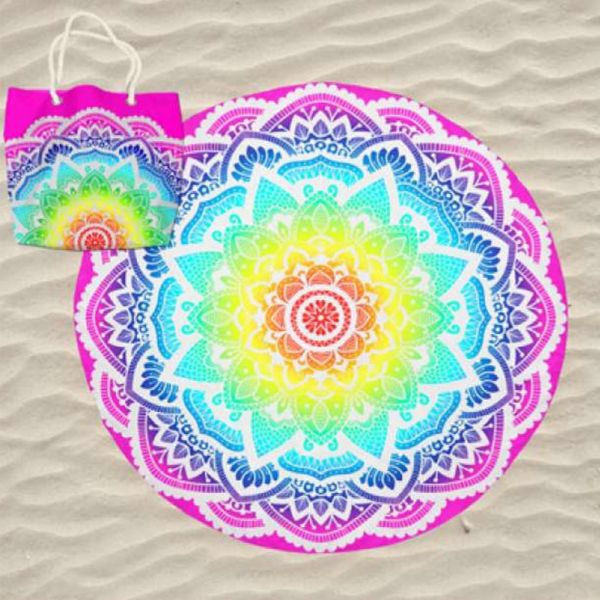 Toalha de Praia Microfibra Redonda Mandala Multicolorida Estrela   Saco de Praia 180 cm