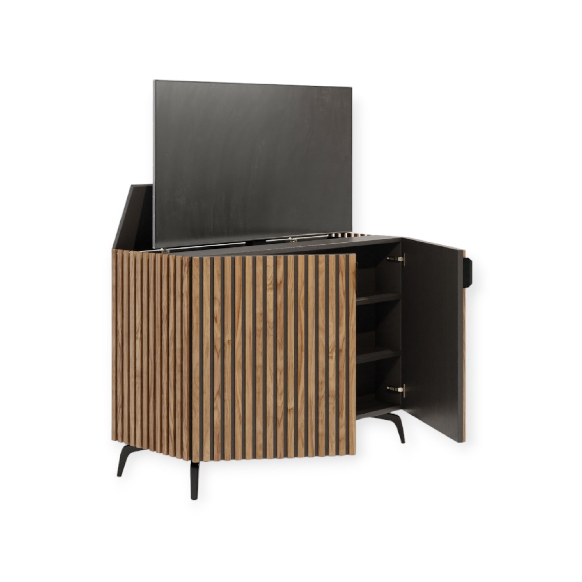 TV lift meubel Modern Latjes 43 inch 2 deurs rondom afgewerkt met latjes