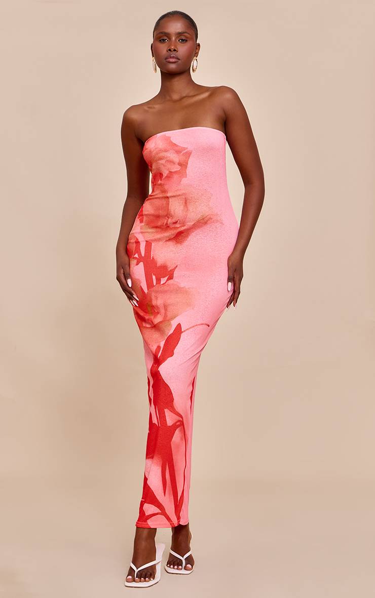 Rose Robe Maxi Bandeau À Imprimé Floral Pelure D'oignon