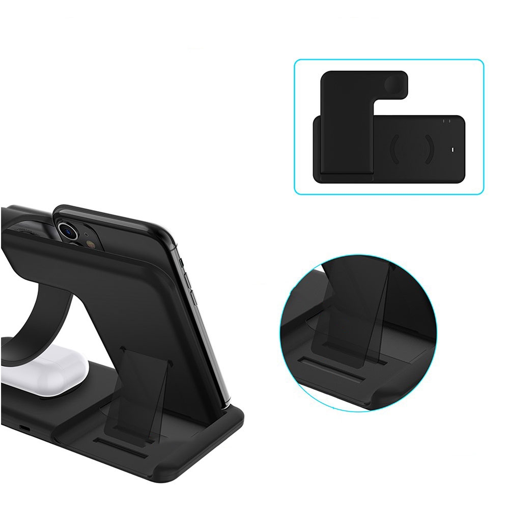 (15W) 4in1 Ladegerät Qi Wireless Charger Faltbarer Ladeständer für Apple Watch / Smartphone / AirPods - Schwarz