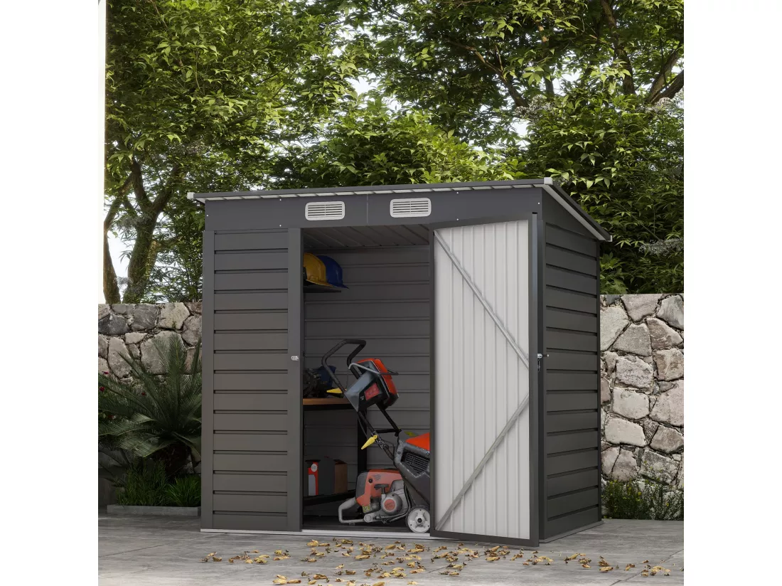 Abri de jardin cabanon dim. 191L x 130l x 166H cm porte verrouillable ventilations tôle acier ondulé gris