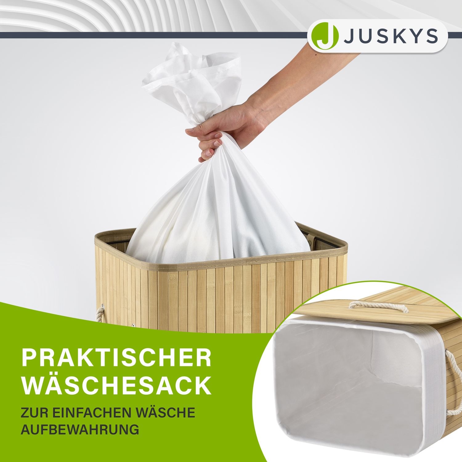 Juskys Bambus Wäschekorb Curly 72 Liter mit Stoff Wäschesack & Tragegriffen | Wäschebox in Natur