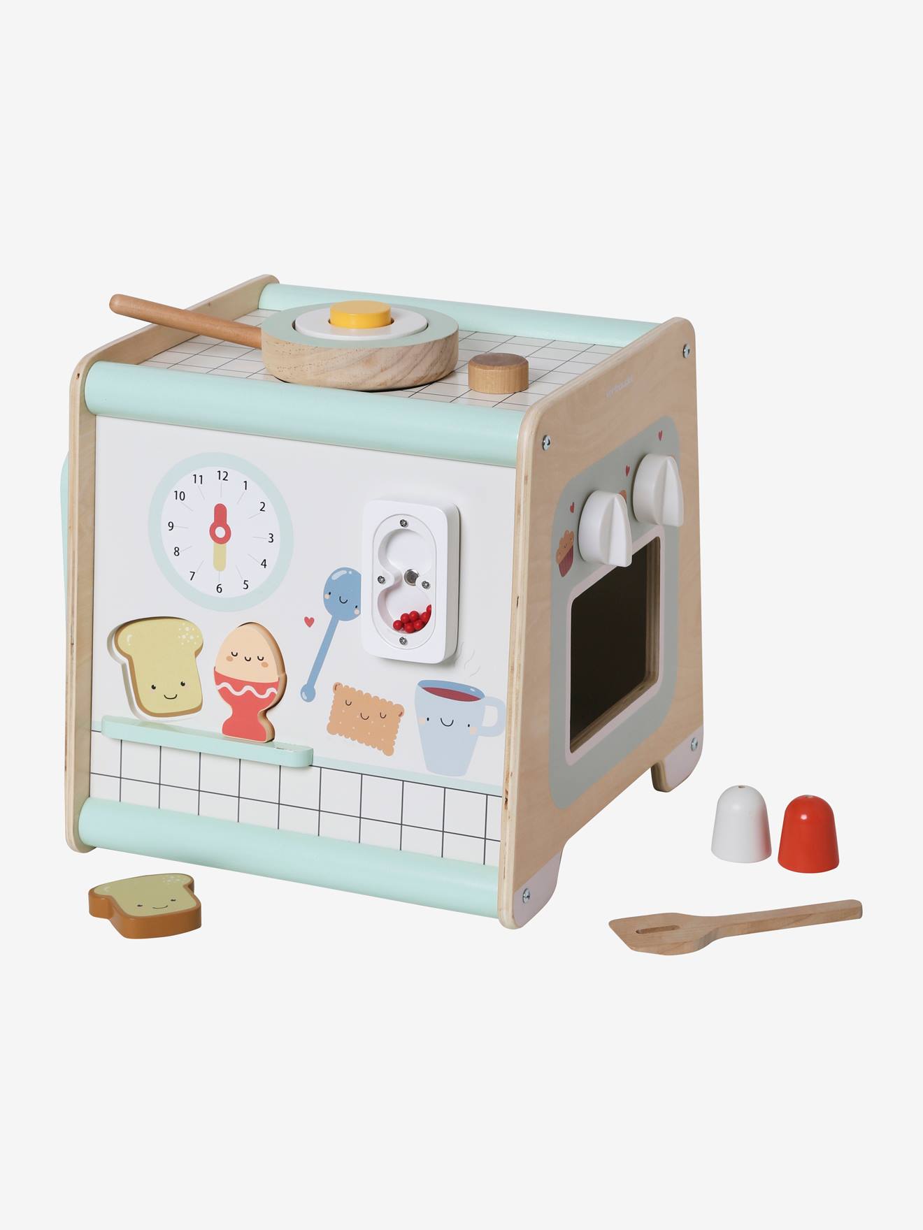 Cubo de atividades de cozinha de brinquedo em madeira lisa bege claro com certificação FSC® e motivos.