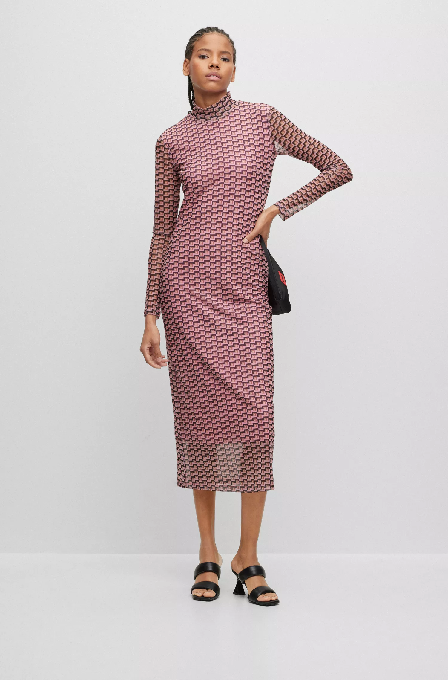 Vestido HUGO vermelho de corte justo em malha estampada com gola alta.