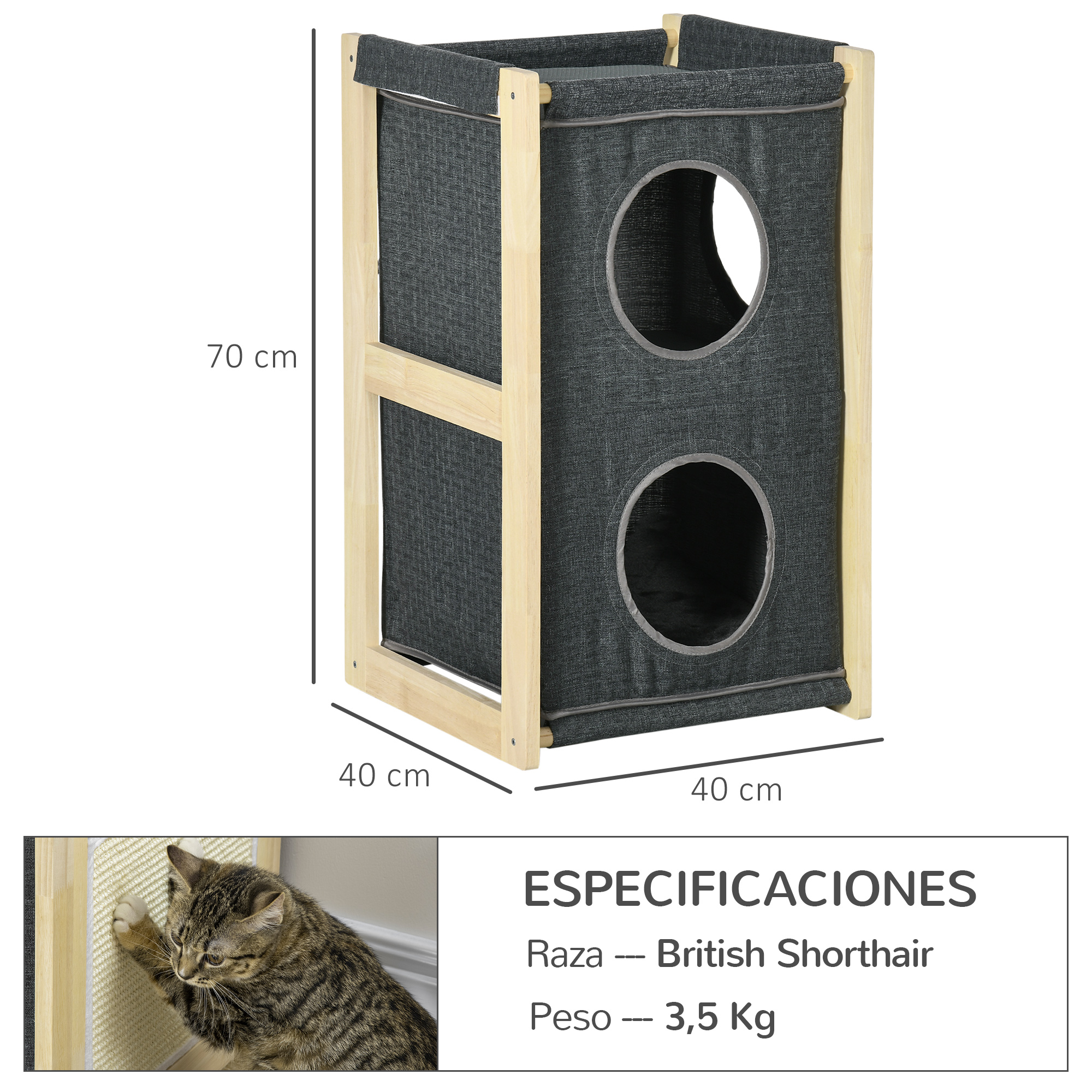 Casinha de madeira Pawhut para gatos, em formato de barril, com arranhador, 2 almofadas removíveis e laváveis, em sisal, 40x40x70 cm, cinza.