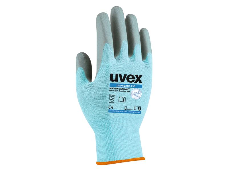uvex Schnittschutzhandschuh Phynomic C3, 9, Blau/Grau, 1 St Montage-/Schutzhandschuhe mit sehr guter Schnittfestigkeit