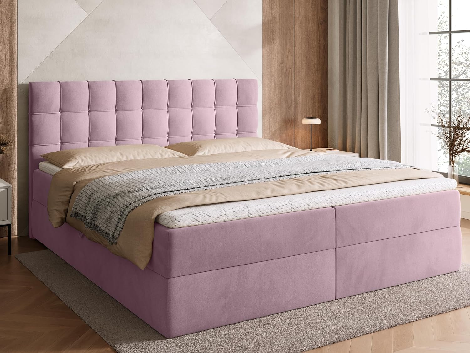 BROMARKT Boxspringbett mit Bonell Matratze und Bettkasten Doppelbett mit Topper 180x200cm Härtegrad H3 Bett für Schlafzimmer gepolsterte Kopfstütze Detroit Puderrosa
