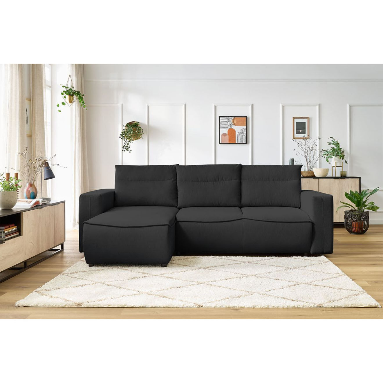 Bobochic Canapé d'angle gauche convertible coffre jasmin velours côtelé gris foncé - 256x158x90 cm