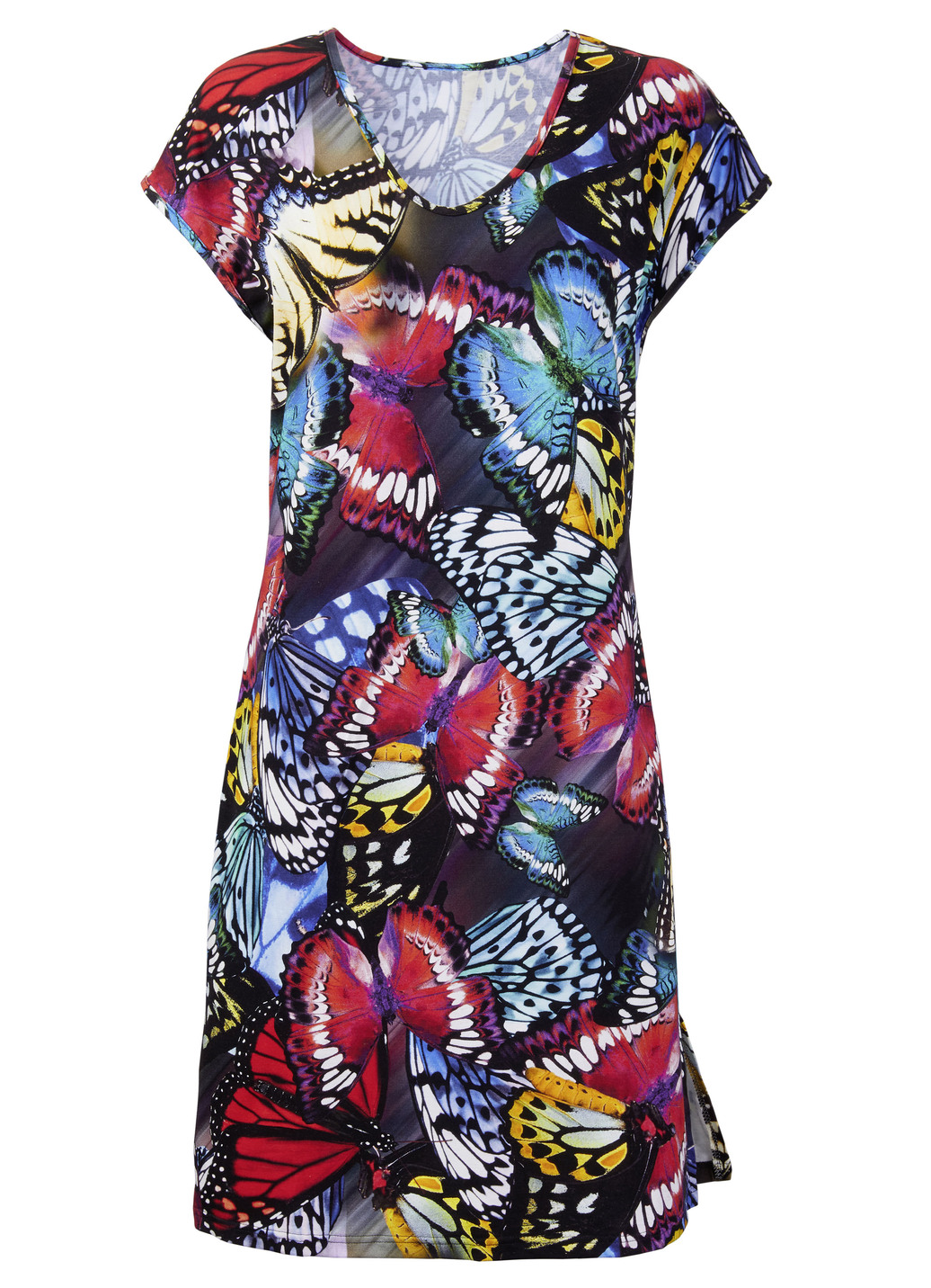 Kleid mit farbbrillantem Druckdessin und überschnittenen Ärmeln
