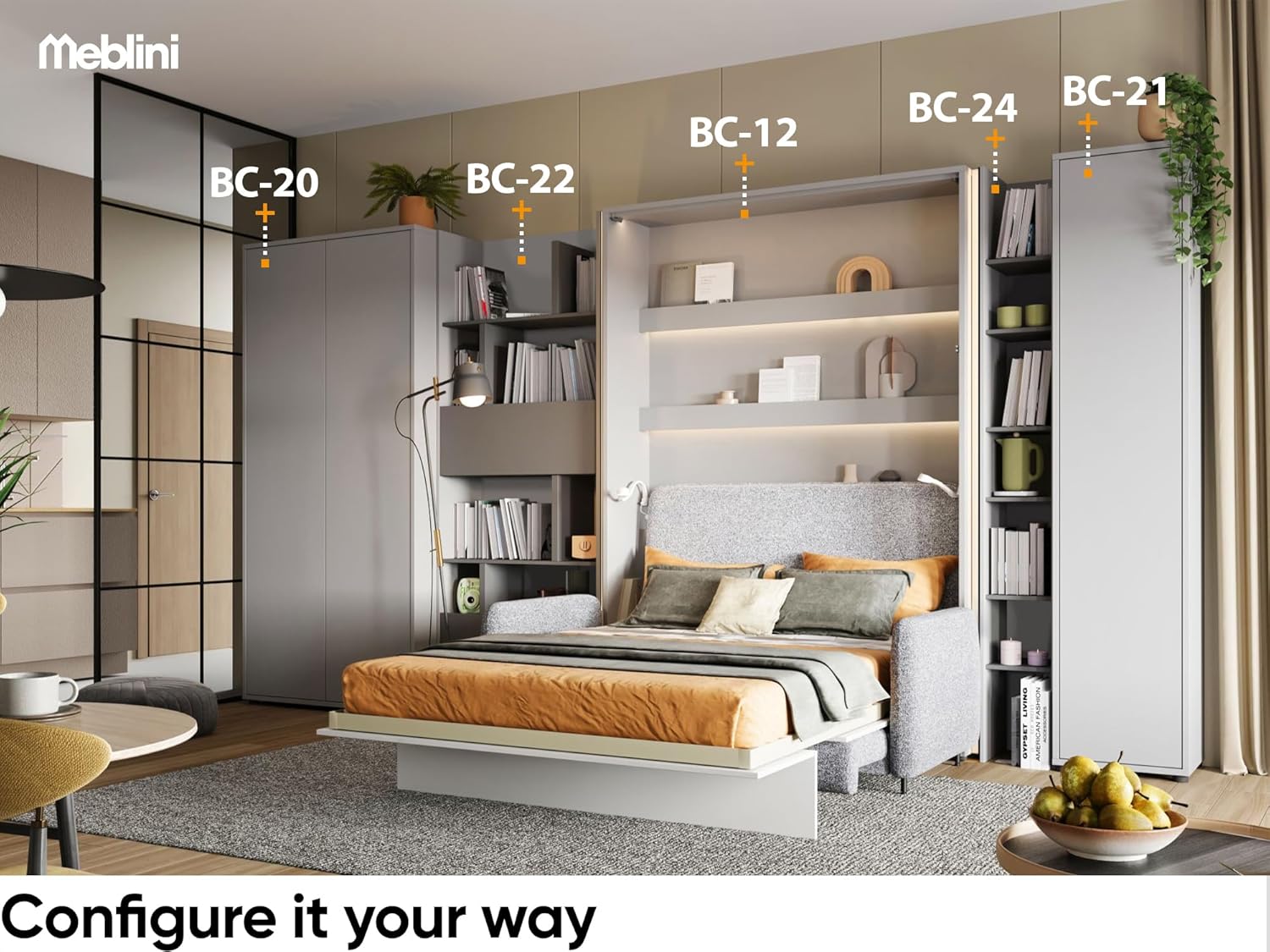 MEBLINI Schrankbett Bed Concept - Wandbett mit Lattenrost - Klappbett mit Schrank - Wandklappbett - Murphy Bed - Bettschrank - BC-13-180x200cm Vertikal - Weiß Hochglanz/Weiß