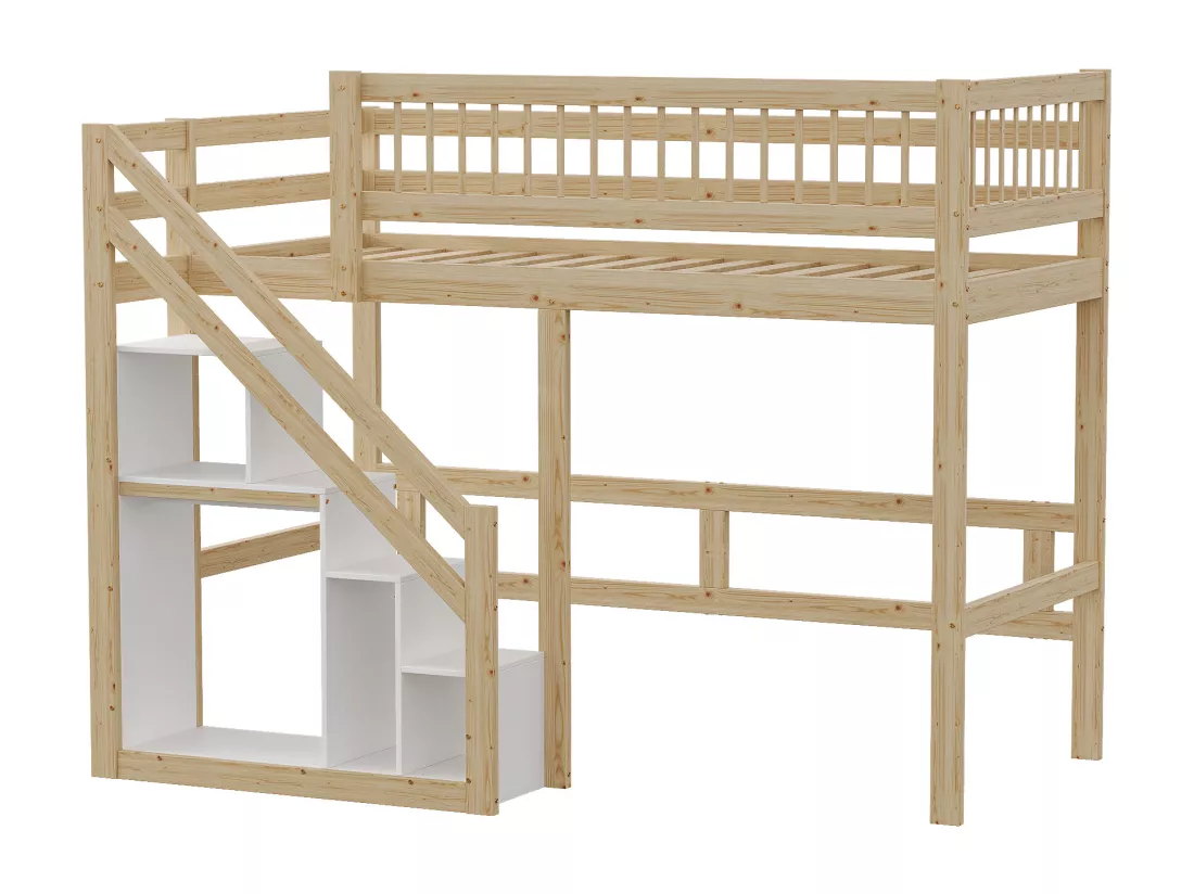 Lit superposé en bois 90x200cm - avec escalier de rangement - Naturel