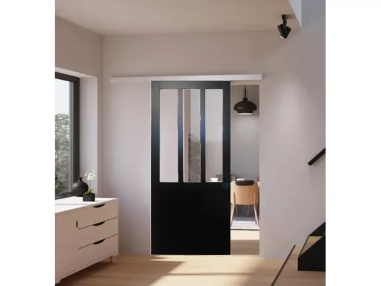 Porte Coulissant Atelier Noir H204 X L93 + Rail Alu Et 2 Coquilles Noir Gd Menuiseries