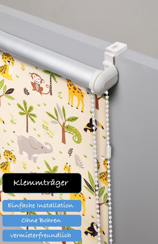 GOODproduct Rollo »Jungle« Lichtschutz Sichtschutz ohne Bohren freihängend Klemmfix, Fixmass, Tiere, Kinderrollo, einseitig bedruckt