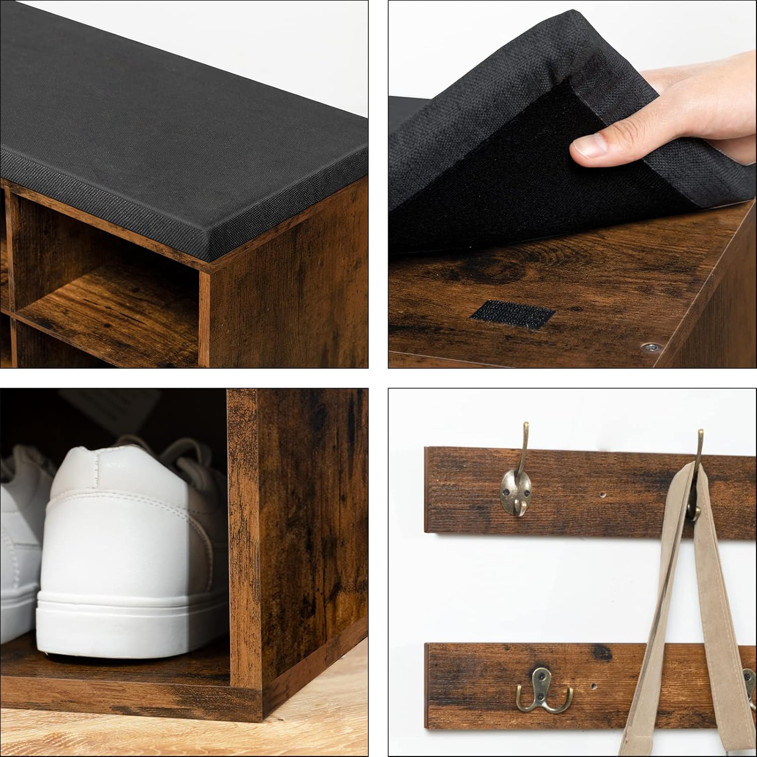 HOOBRO Garderobe Schuhregal Set, Schuhbank mit 12 Fächern, Schuhregal mit gepolsterter Sitzbank, Wandgarderobe mit 9 Haken, Schuhschrank für, Eingangsbereich, Schlafzimmer Vintagebraun EBF112HX01G1