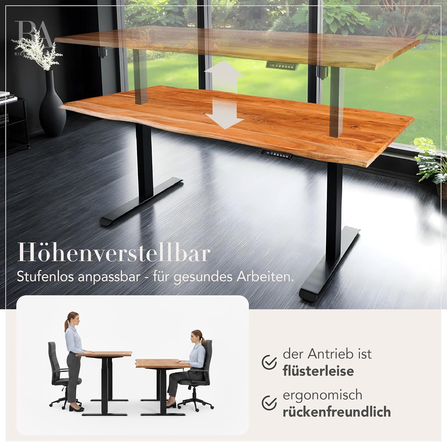 Riess Ambiente Höhenverstellbarer Schreibtisch Mammut - 160cm - Natur schwarz - Akazie Massivholz - elektrisch Baumkante