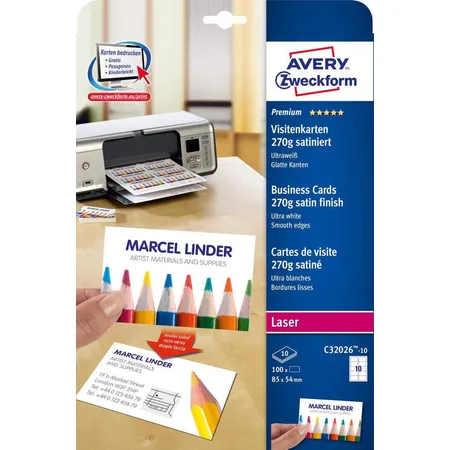 Avery Zweckform C32026-10 Premium Visitenkarten, 85 x 54 mm, beidseitig beschichtet, 100 Karten / 10 Bogen